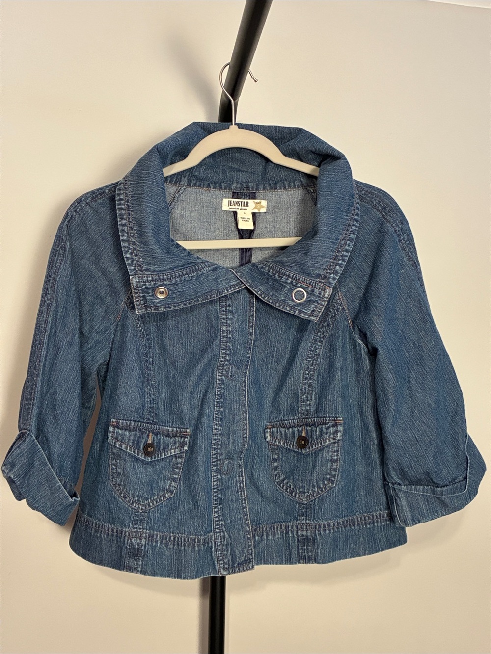 jeanstar Blue Cotton Denim Jacket with Funnel Neck Cropped Relaxed Size Small